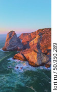 Cliffs near Ursa Beach at Sunset. Portugal. Aerial View. Vertical Video. Стоковое видео, видеограф Максим Забаровский / Фотобанк Лори
