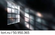 Soft light filters through a grid window, creating an atmospheric glow in a dimly lit space at dawn. Стоковое AI-изображение, AI-художник Сергей Толмачёв / Фотобанк Лори
