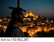 A silhouette of Jesus Christ is softly illuminated by twilight, with a peaceful Jerusalem skyline in the background, evoking reflection and spirituality Generative AI. Стоковое AI-изображение, AI-художник Юлия Петровская / Фотобанк Лори