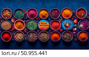 Spice Collection: An arrangement of vibrant spices in bowls, flat lay with cooking promotion. Стоковое AI-изображение, AI-художник Данила Большаков / Фотобанк Лори