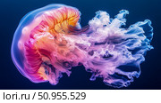 Underwater view of a pink and blue Jellyfish in ocean. Стоковое AI-изображение, AI-художник Данила Большаков / Фотобанк Лори