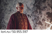 Elderly priest wearing ornate robes standing solemnly amid sacred fire ceremony, incense smoke enveloping traditional temple interior with spiritual reverence. Стоковое AI-видео, аниматор Данил Руденко / Фотобанк Лори