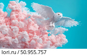 Winter Wildlife Concept: Snowy owl with pink cloud formation against turquoise sky, wildlife print design, poster. Стоковое AI-изображение, AI-художник Данила Большаков / Фотобанк Лори