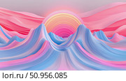 Abstract layered landscape with colorful undulating formations and a vibrant sunrise, ideal for modern wallpaper or digital media art. Стоковое AI-изображение, AI-художник Данила Большаков / Фотобанк Лори
