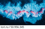 A powerful, dynamic ocean current with vibrant red and orange luminous bursts amidst frothing blue and white foam, depicting energetic liquid motion for abstract art or wall decor. Стоковое AI-изображение, AI-художник Данила Большаков / Фотобанк Лори