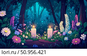 An enchanting, luminescent forest clearing at dusk, adorned with vibrant blossoms and two softly glowing candles, creating a mystical aura for reflection. Стоковое AI-изображение, AI-художник Данила Большаков / Фотобанк Лори