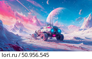 Vibrant alien exploration: a rugged futuristic terrain vehicle navigating a surreal cosmic landscape beneath a dual-planet sky. Стоковое AI-изображение, AI-художник Данила Большаков / Фотобанк Лори