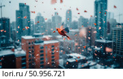 A vibrant cardinal bird soaring through a snowy cityscape, adorned with festive red paper flakes, capturing a whimsical winter celebration. Стоковое AI-изображение, AI-художник Данила Большаков / Фотобанк Лори