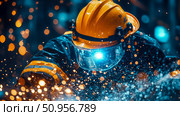 A resilient individual in protective gear with a yellow hard hat and clear visor amidst glowing orange sparks and shimmering blue water, symbolizing safety and dynamic action. Стоковое AI-изображение, AI-художник Данила Большаков / Фотобанк Лори