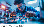 A focused engineer in a futuristic glowing workshop precisely assembling advanced electronics for future innovation and development. Стоковое AI-изображение, AI-художник Данила Большаков / Фотобанк Лори