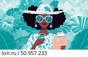 A chic woman with an Afro haircut and sunhat, enjoying a tropical escape, checking her mobile and carrying a gift box, perfect for summer promotion. Стоковое AI-изображение, AI-художник Данила Большаков / Фотобанк Лори