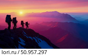 Silhouetted adventurers stand atop a rugged mountain peak at vibrant sunrise, showcasing the spirit of outdoor exploration and achievement, perfect for an inspirational print or poster. Стоковое AI-изображение, AI-художник Данила Большаков / Фотобанк Лори