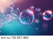 A mesmerizing high-speed capture of a soap bubble in mid-burst, showcasing scattered droplets. The directional lighting enhances the ephemeral beauty and delicate dynamics of this fleeting moment. Стоковое AI-изображение, AI-художник Nart / Фотобанк Лори