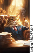 A regal cat in a tailored suit lounges in a leather chair, holding a lit cigar and surrounded by paperwork. Golden lighting and vintage decor evoke the aura of a wealthy feline mogul. Стоковое AI-изображение, AI-художник Nart / Фотобанк Лори