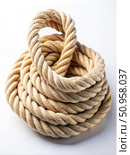 A Coiled Rope on a White Background. Generative AI. Стоковое AI-изображение, AI-художник Roman Zavorotny / Фотобанк Лори