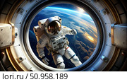 Astronaut Floating Outside Spaceship Window With Earth In Background. Generative AI. Стоковое AI-изображение, AI-художник Roman Zavorotny / Фотобанк Лори