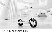 Sleek electric scooter positioned in a bright, modern architectural interior, embodying sustainable urban transportation for tomorrow. Стоковое AI-изображение, AI-художник Данила Большаков / Фотобанк Лори