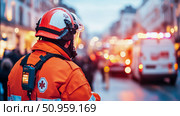 An emergency medical responder in a vibrant orange uniform with a helmet, observing a blurred urban street scene at night, featuring distant emergency vehicle lights, representing public service and. Стоковое AI-изображение, AI-художник Данила Большаков / Фотобанк Лори