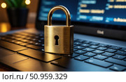 A laptop with a gold key on the keyboard. Стоковое AI-изображение, AI-художник Ярославский Максим / Фотобанк Лори