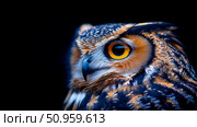 Striking Close-up of a Great Horned Owl's Head in Profile, Featuring its Intense Golden Eye and Intricate Feathers on a Dark Setting, Animal Theme. Стоковое AI-изображение, AI-художник Данила Большаков / Фотобанк Лори
