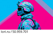 A futuristic military figure in vibrant cyan and magenta camouflage against a stark geometric backdrop, suitable for modern digital art and abstract print projects. Стоковое AI-изображение, AI-художник Данила Большаков / Фотобанк Лори