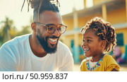 A heartwarming moment of joy and connection between a beaming Black father and his cheerful daughter, perfect for a family celebration concept or community campaign. Стоковое AI-изображение, AI-художник Данила Большаков / Фотобанк Лори