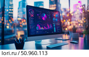 Modern Office Workspace with Monitor Displaying Business Data Analytics Dashboards Against a Blurred City Skyline at Twilight, Concept: Urban Business and Digital Connectivity for Professional Presen. Стоковое AI-изображение, AI-художник Данила Большаков / Фотобанк Лори