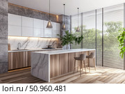 Bright modern kitchen interior with marble surfaces, wood accents, natural light, and lush greenery creating a fresh and elegant cooking and dining space. Стоковое AI-изображение, AI-художник Катерина Бондарец / Фотобанк Лори