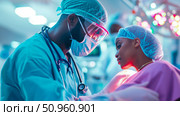 Two Dedicated Healthcare Providers in Sterile Attire Collaborating Intently in a Bright Operating Theatre, Symbolizing Professional Medical Teamwork and Compassionate Patient Care. Стоковое AI-изображение, AI-художник Данила Большаков / Фотобанк Лори