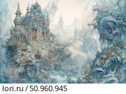 A fantastic landscape with a majestic palace perched on a cliff in the middle of a magical world. The painting is made using detailed graphics and painted in cool pastel colors. Complex architectural forms, curls, twisted elements and a fairytale atmosphere make the image ideal for book design, tarot cards, fantasy novel covers, board games and collectibles. The artistic style resembles a combination of Art Nouveau and Gothic with elements of dreamlike surrealism. Стоковое AI-изображение, AI-художник Анна Кривицкая / Фотобанк Лори