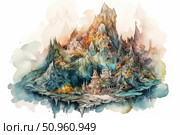 Watercolor illustration of a magical island with mountain peaks, fairytale castles and stairs leading upwards. The work is done in airy, pastel colors, creating a feeling of lightness and dreaminess. The landscape seems to float in the sky, reminiscent of fantasy worlds from books and games. Ideal for decorating fairy tales, fantasy projects, board games, books or children's products. Стоковое AI-изображение, AI-художник Анна Кривицкая / Фотобанк Лори