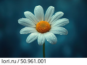Close-up of a single daisy with dew drops on its petals against a soft, blue background. Natural light highlights the texture of the white petals and yellow center of the flower. The image conveys a sense of purity, freshness and morning calm. Suitable for use in the design of postcards, packaging, interior prints, advertising products and banners. Стоковое AI-изображение, AI-художник Анна Кривицкая / Фотобанк Лори