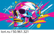 Modern Art of a skull with bright, splashy colors, a contemporary painting for backgrounds, posters, wall art. Стоковое AI-изображение, AI-художник Данила Большаков / Фотобанк Лори