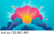 Sunrise Landscape: stylized rising sun through pink flower shape and stylized clouds, with rays spreading across the blue sky. Стоковое AI-изображение, AI-художник Данила Большаков / Фотобанк Лори