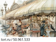 Watercolor illustration of a bustling old market with many stalls, fruits, pastries and fantastic birds. People in vintage clothes are chatting and shopping under an awning decorated in the Belle Époque style. The scene is full of details, light, warmth and a touch of irony - exotic birds act as visitors and sellers. The illustration is perfect for themes of urban life, fantasy, Victorian aesthetics and book graphics. Стоковое AI-изображение, AI-художник Анна Кривицкая / Фотобанк Лори
