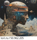 A surrealistic fantasy composition that combines images of the human mind, architecture and space. A huge head in profile is embedded in an urban landscape, where ancient ruins coexist with star systems and mechanical structures. The picture evokes associations with eternity, knowledge, technological progress and inner universes. Ideal for book covers, science fiction projects, philosophical publications and visual storytelling. Стоковое AI-изображение, AI-художник Анна Кривицкая / Фотобанк Лори