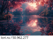 A fabulous landscape with a lake surrounded by trees painted in pink and red tones. The setting sun breaks through the treetops, softly illuminating the water, on the surface of which autumn leaves float. Silence, magic and a light haze are in the air. An ideal image for the themes of nature, solitude, dreams, tranquility and inspiration. Стоковое AI-изображение, AI-художник Анна Кривицкая / Фотобанк Лори