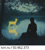Fairytale illustration in a night palette: a girl sits by a quiet forest lake, watching a glowing deer, as if woven from stars. A magical scene filled with magic, silence and inner light. Perfect for themes of inspiration, fantasy, spiritual awakening, children's fairy tales and dream visualizations. Стоковое AI-изображение, AI-художник Анна Кривицкая / Фотобанк Лори