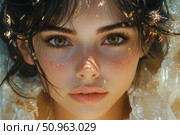 Portrait of a young girl with expressive brown eyes, fair skin and freckles. Her lips are slightly parted, her gaze is deep and attractive. Her hair has gold flecks sparkling in the sun. The atmosphere of the image is fabulous, magical, like a forest fairy or a fantasy heroine. Ideal for covers, posters, cosmetics advertising, themes of femininity, beauty and magic. Стоковое AI-изображение, AI-художник Анна Кривицкая / Фотобанк Лори
