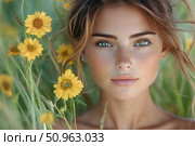 Portrait of a young woman among wildflowers, taken outdoors in natural light. The girl with expressive green eyes, freckles and natural make-up looks straight into the camera. Yellow flowers and a soft background create an atmosphere of tenderness, summer and harmony with nature. Perfect for health, beauty, naturalness, organic cosmetics, advertising and editorial projects. Стоковое AI-изображение, AI-художник Анна Кривицкая / Фотобанк Лори
