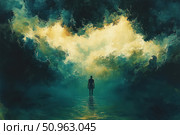 Atmospheric digital painting in the genre of surrealism. A lonely human figure stands in the water, rushing into the light breaking through thick clouds. Deep shades of green, blue and gold create the effect of mysticism, loneliness and an inner journey. Ideal for book covers, music albums, posters and philosophical publications. Стоковое AI-изображение, AI-художник Анна Кривицкая / Фотобанк Лори
