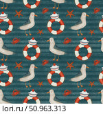 Seagulls, lifebuoys, sailor's caps, crabs and starfish on seamless pattern. Стоковая иллюстрация, иллюстратор Елена Захаревич / Фотобанк Лори