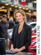 Confident woman in black blazer stands at a computer in an automotive dealership, smiling warmly, with cars and customers in the background, showcasing a welcoming atmosphere. Стоковое AI-изображение, AI-художник Ирина Ручушкина / Фотобанк Лори