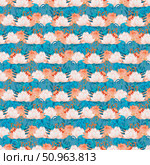 This is a vibrant floral pattern that features beautiful aqua and coral accents throughout. Стоковая иллюстрация, иллюстратор Елена Захаревич / Фотобанк Лори