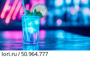 Refreshing blue cocktail with lemon and mint garnish against a neon light scene, perfect for bar promotion. Стоковое AI-изображение, AI-художник Данила Большаков / Фотобанк Лори