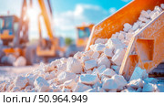 A close-up perspective of white crushed rocks in an excavator's orange bucket at a sunlit industrial construction site, highlighting building material preparation. Стоковое AI-изображение, AI-художник Данила Большаков / Фотобанк Лори