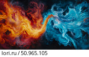 A vibrant abstract fluid art depicting the energetic fusion of swirling fiery warmth and ethereal cool currents, symbolizing elemental balance for a dynamic modern display. Стоковое AI-изображение, AI-художник Данила Большаков / Фотобанк Лори