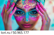 Vibrant and radiant portrait of a woman adorned with colorful powder and sparkling glitter, capturing the essence of a cheerful festival. Стоковое AI-изображение, AI-художник Данила Большаков / Фотобанк Лори