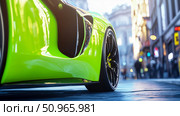 Close-up of a striking lime green sports auto showcasing aerodynamic features and wheel, set against a blurred urban street. Стоковое AI-изображение, AI-художник Данила Большаков / Фотобанк Лори