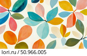 Colorful Foliage Pattern, Decorative Backdrop: Abstract arrangement of vibrant leaf shapes in blue, green, yellow, orange, pink on a neutral surface. Стоковое AI-изображение, AI-художник Данила Большаков / Фотобанк Лори